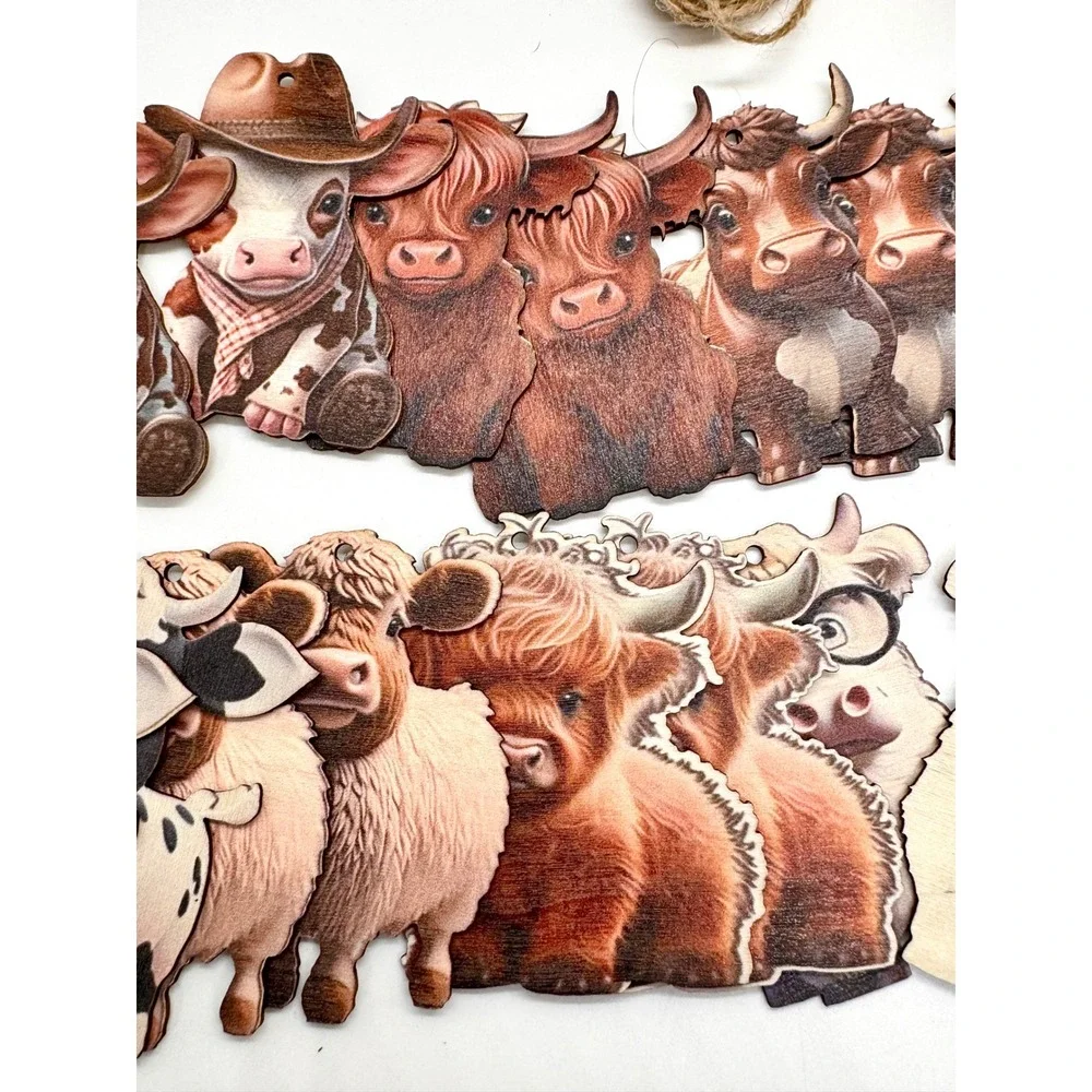 Highland Cow Wooden Ornaments Set Farmhouse Cattle Decor Jute Twine Garland 20pc